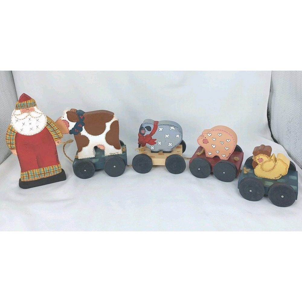 Vintage 1995‎ Primative Country Santa Pull Behind Animal Train Artist Remmie